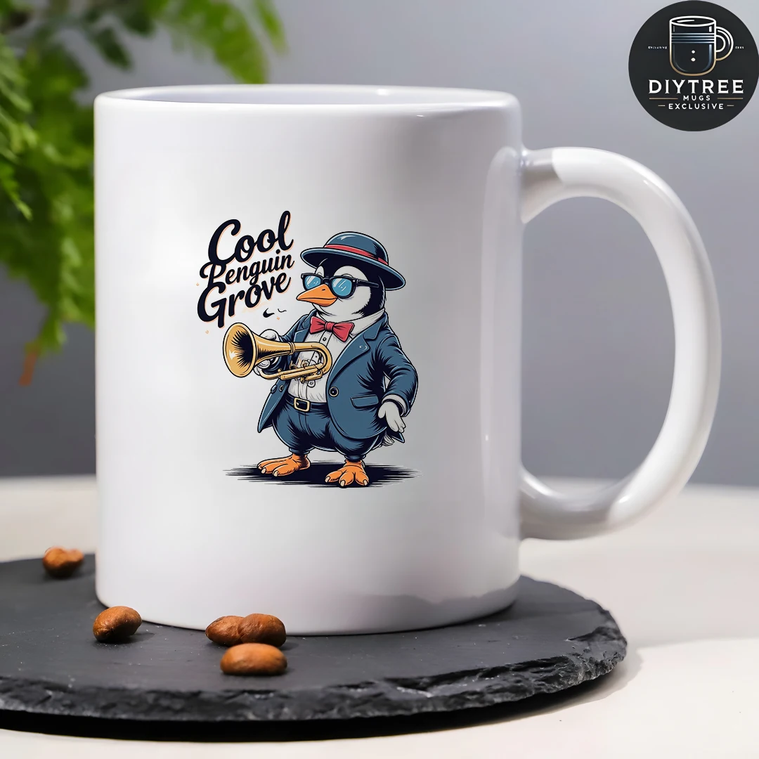 11온스 펭귄 만화 머그컵 + 스타일리시 재즈 컵 - 크리스마스 어린이 사무실 선물 컵