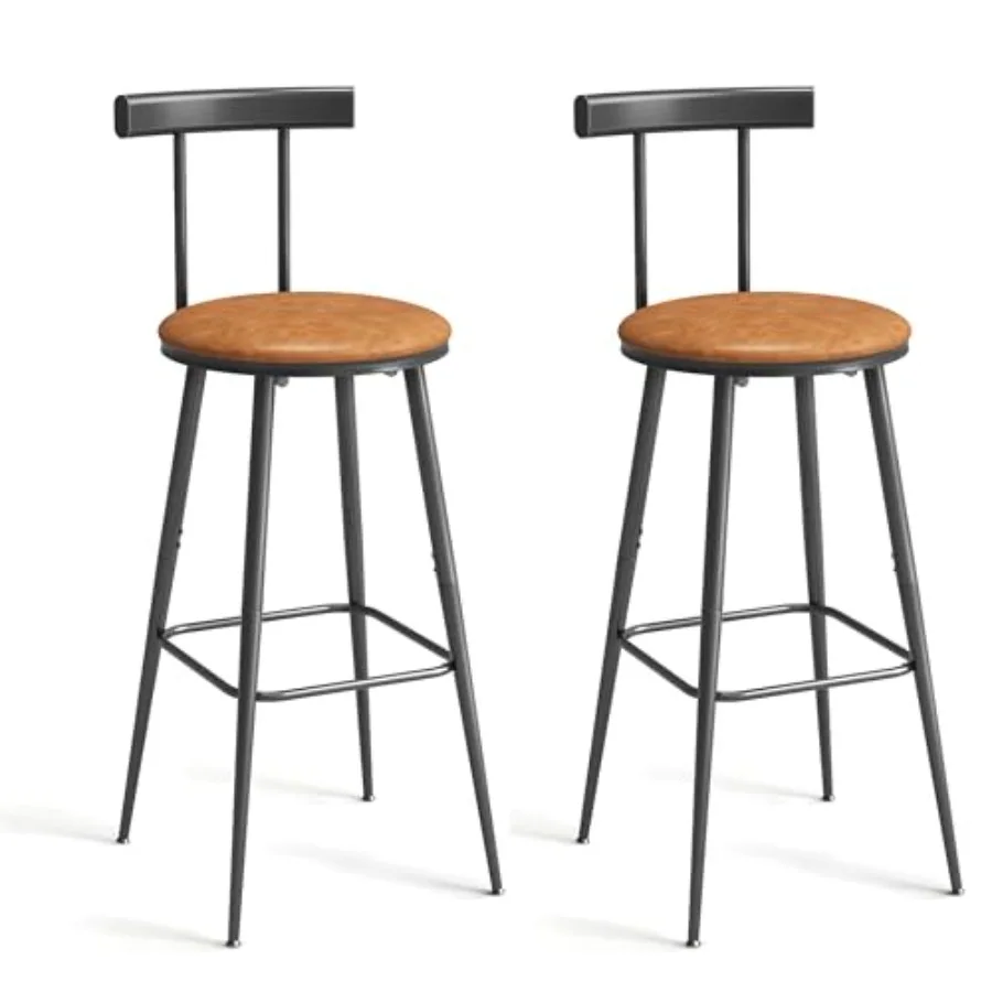 

Bar Stools, Set of 2 High Kitchen Barstools, Bar Chairs with Backrest and Footrest, Industrial Counter Stools with PU Soft seat