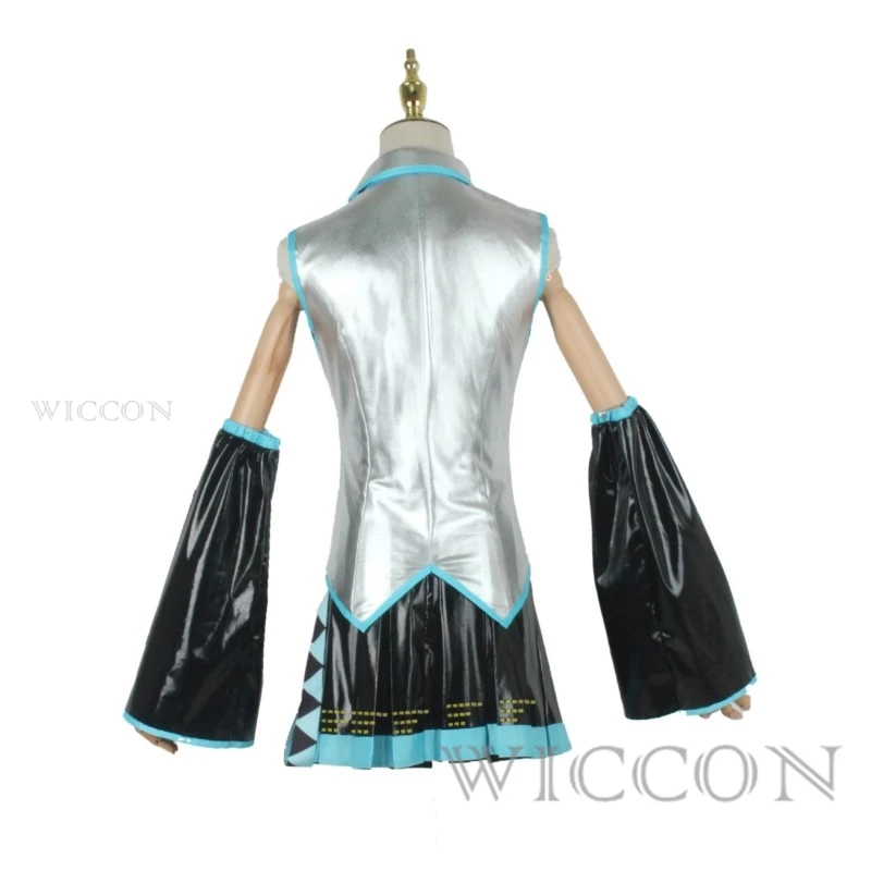 Miku Cosplay Full Set Silver Grey Patent Leather Fabric Suit Miku Cosplay Shoes Headwear Costume Outfit JK Uniform Cosplay