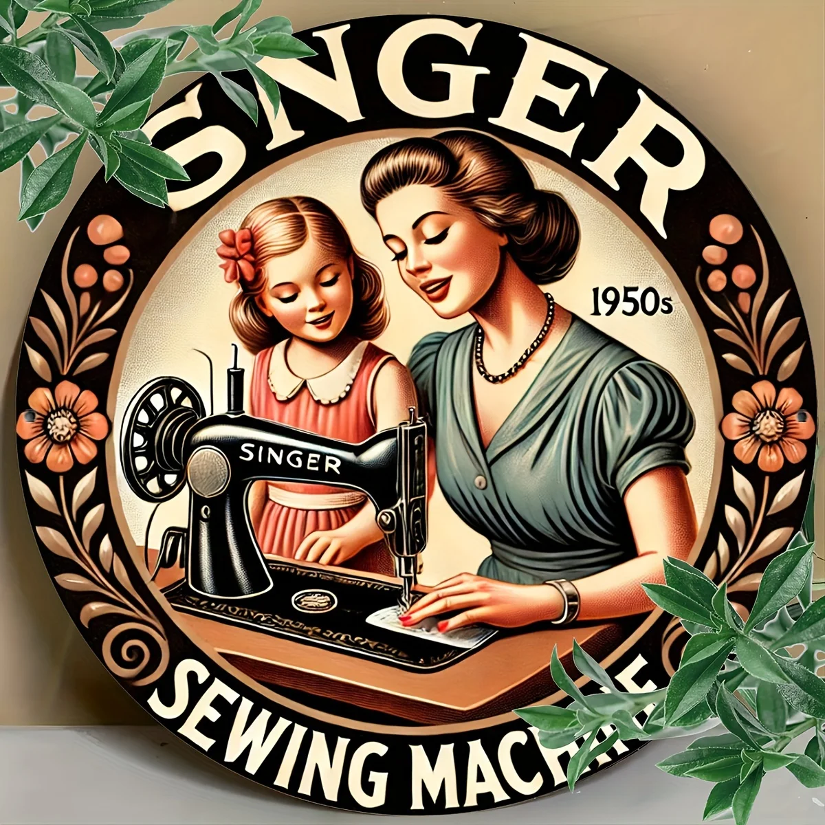 1 Stück rundes 20,3 x 20,3 cm (20 x 20 cm) Vintage Singer Nähmaschinen-Wandkunstschild aus Aluminium, Retro-Design mit floralen Akzenten