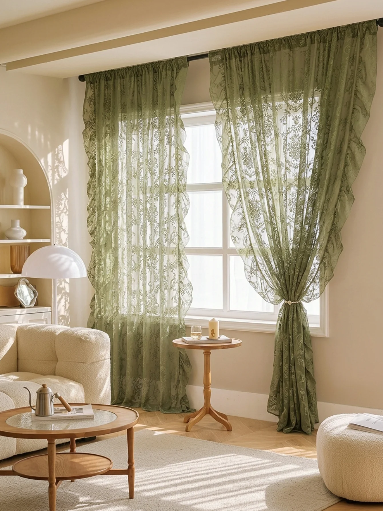 Salbeigrüne Spitzen-Gardinen, Vintage Gerüschte Blumen-Vorhänge für Wohnzimmer, Lichtfilternde Fensterdekorationen