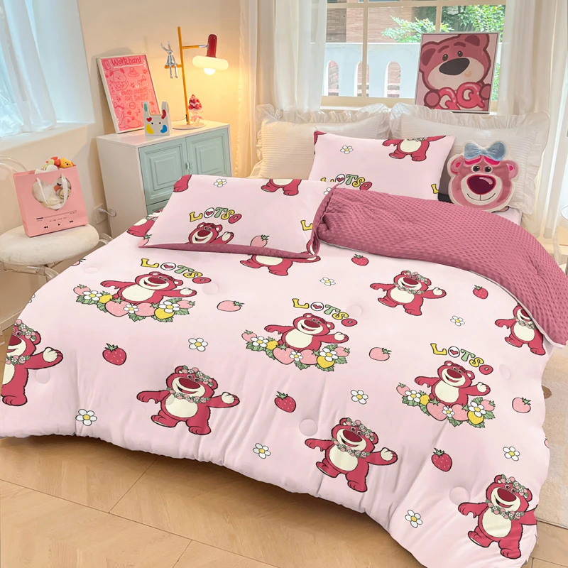 1 cartoon cute Strawberry Bear pattern printed blanket,bedroom with plush fat、quilt core,bedding (excluding pillowcase)