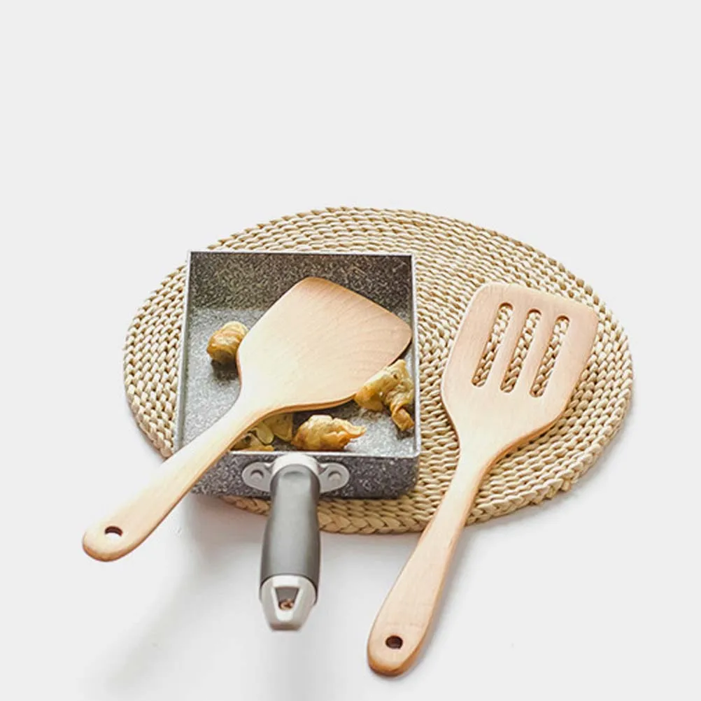 

2 Pcs Wooden Turner Flat Shovel Kitchen Wooden Beechwood Utensil Spatula Spoon Utensil Holes Cooking Flat Shovel Tool