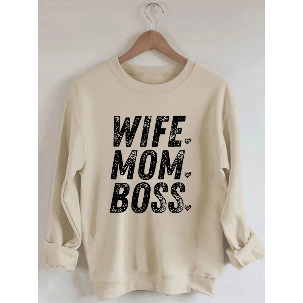 Rheaclots Women's Wife Mom Boss Print Cotton Female Cute Long Sleeves Sweatshirt