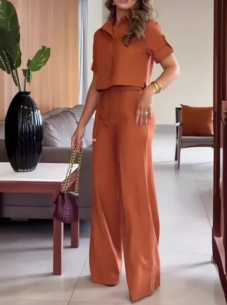 Women Two-piece Elegant Commuting Casual Solid Color Trun-down Collar Button Blouse Top and High Waisted Wide Leg Pants Set