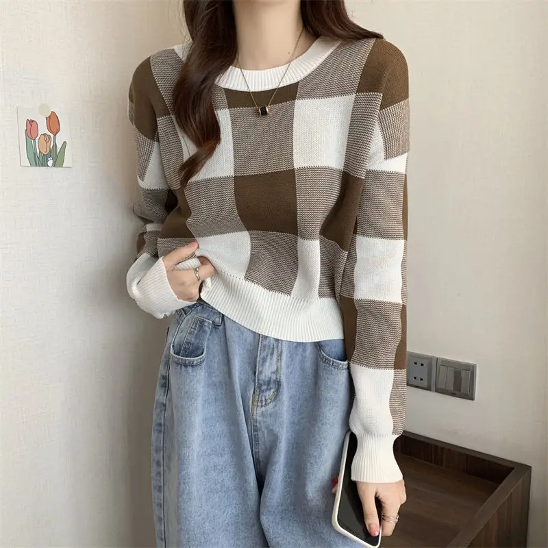 Pullover Kurze Ernte Runde O Neck Plaid frauen Pullover Moderne Lange Ärmel Stricken Tops für Frau Koreanische Mode Harajuku Streetwear