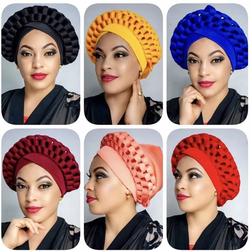 

Nigerian Aele Headtie Already Made Auto Hele Turban Cap African Aso Ebi Gele Aso Oke Headtie 2PCS Afican Indian Hat Accessories