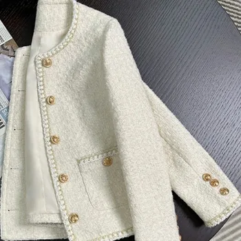 Jmprs Chic White Tweed Jackets Women Korean Long Sleeve Sweet Coat Fashion O Neck Elegant Casual Female All Match Outwear Tops