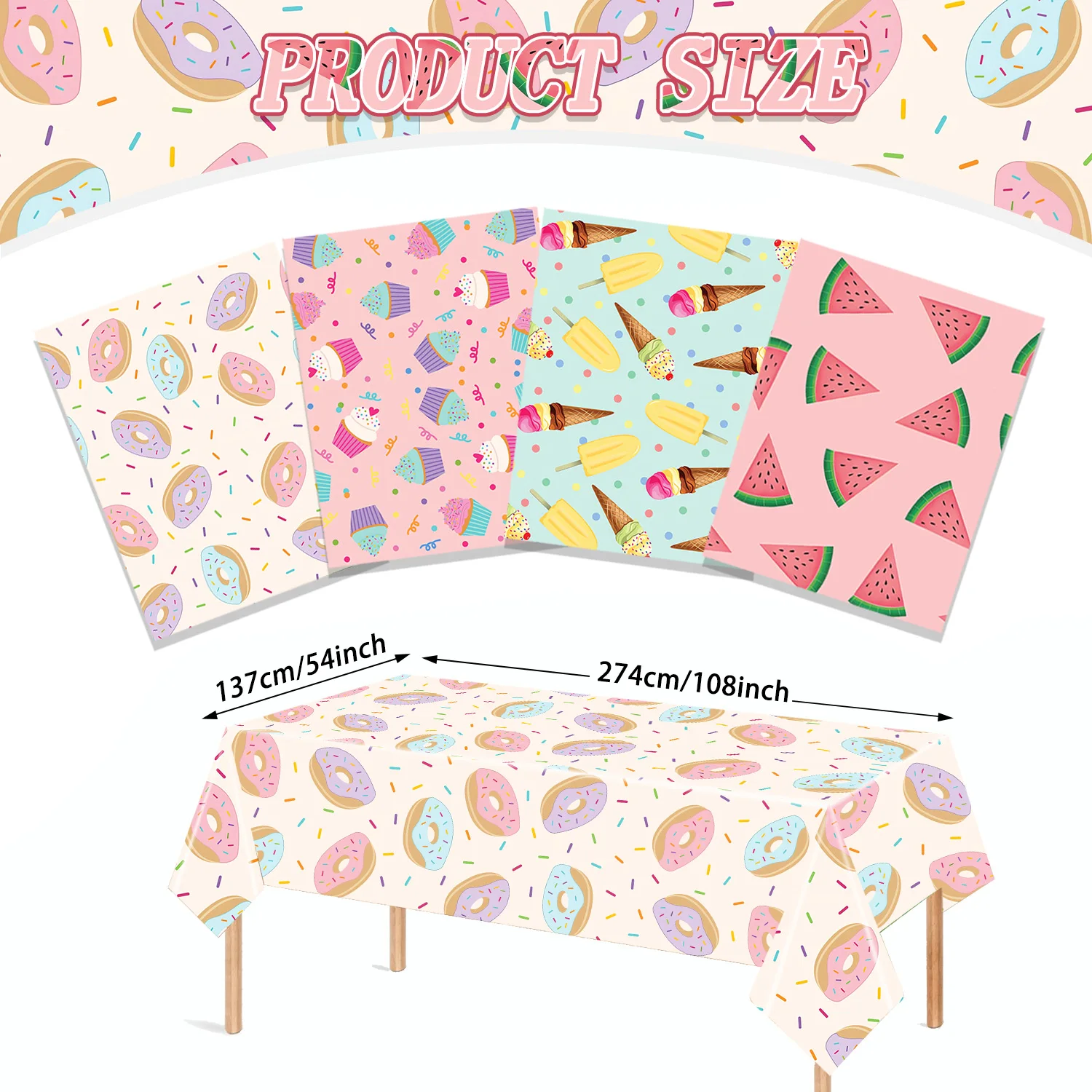 

Cartoon Donut Ice Cream Themed Plastic Tablecloth for Birthdays Weddings Holidays Decorations Baby Shower Desktop Decoration