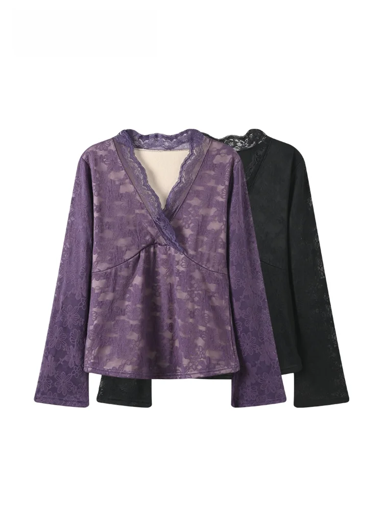 

Женская флисовая кофта больших размеров с кружевным V-образным вырезом, новинка весеннего сезона, модный универсальный базовый топ для пышных форм