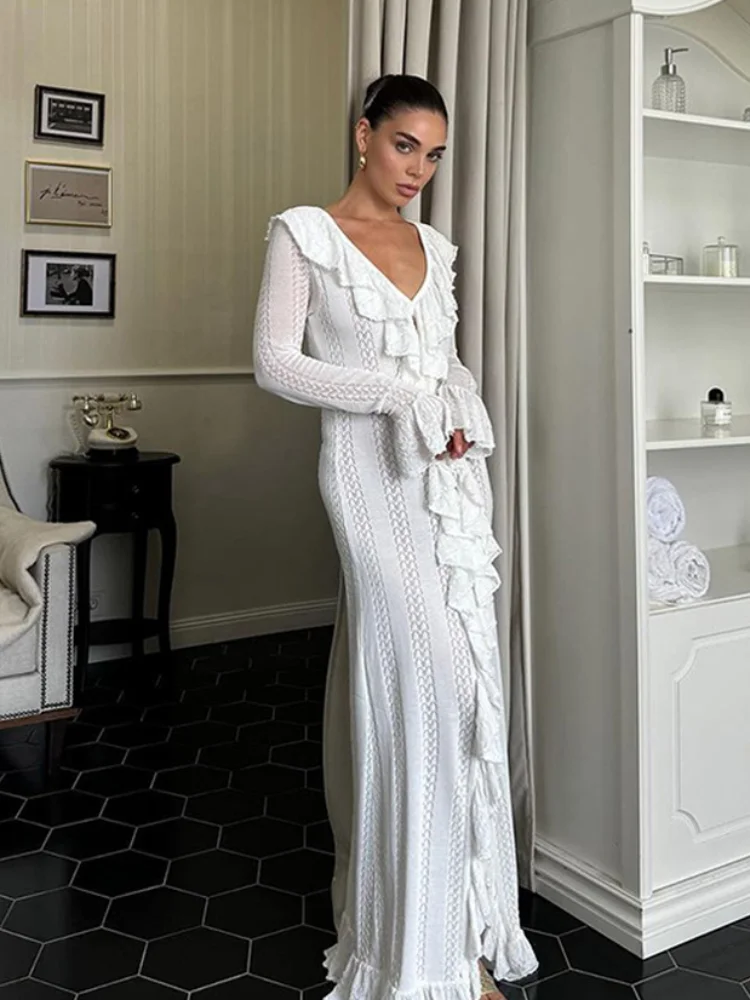 Women Elegant Stacked Lotus Leaf Edge Maxi Dress Chic Solid Hollow Out Pagoda Long Sleeve Dresses 2024 Lady Vacation Party Robes