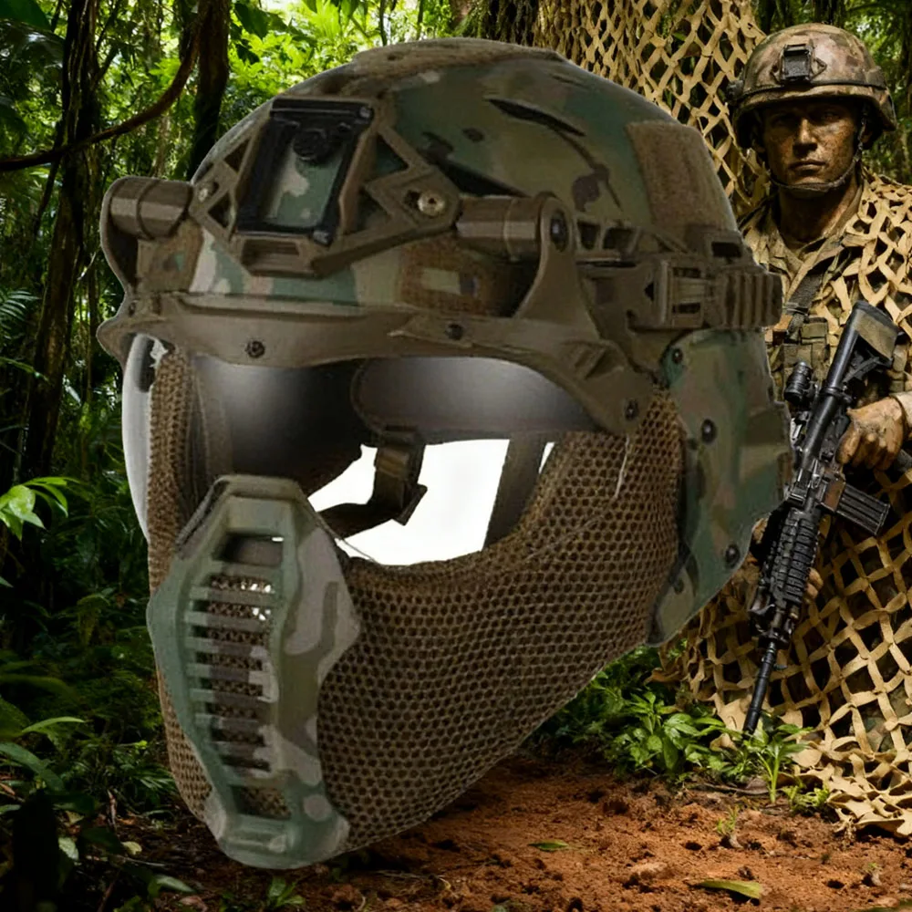 

Tactical EX Series 3.0 Helmet with Face Ear Protection All-Terrain Mandible Half Face Mesh Rail Mask for Hunting Outdoor Spor