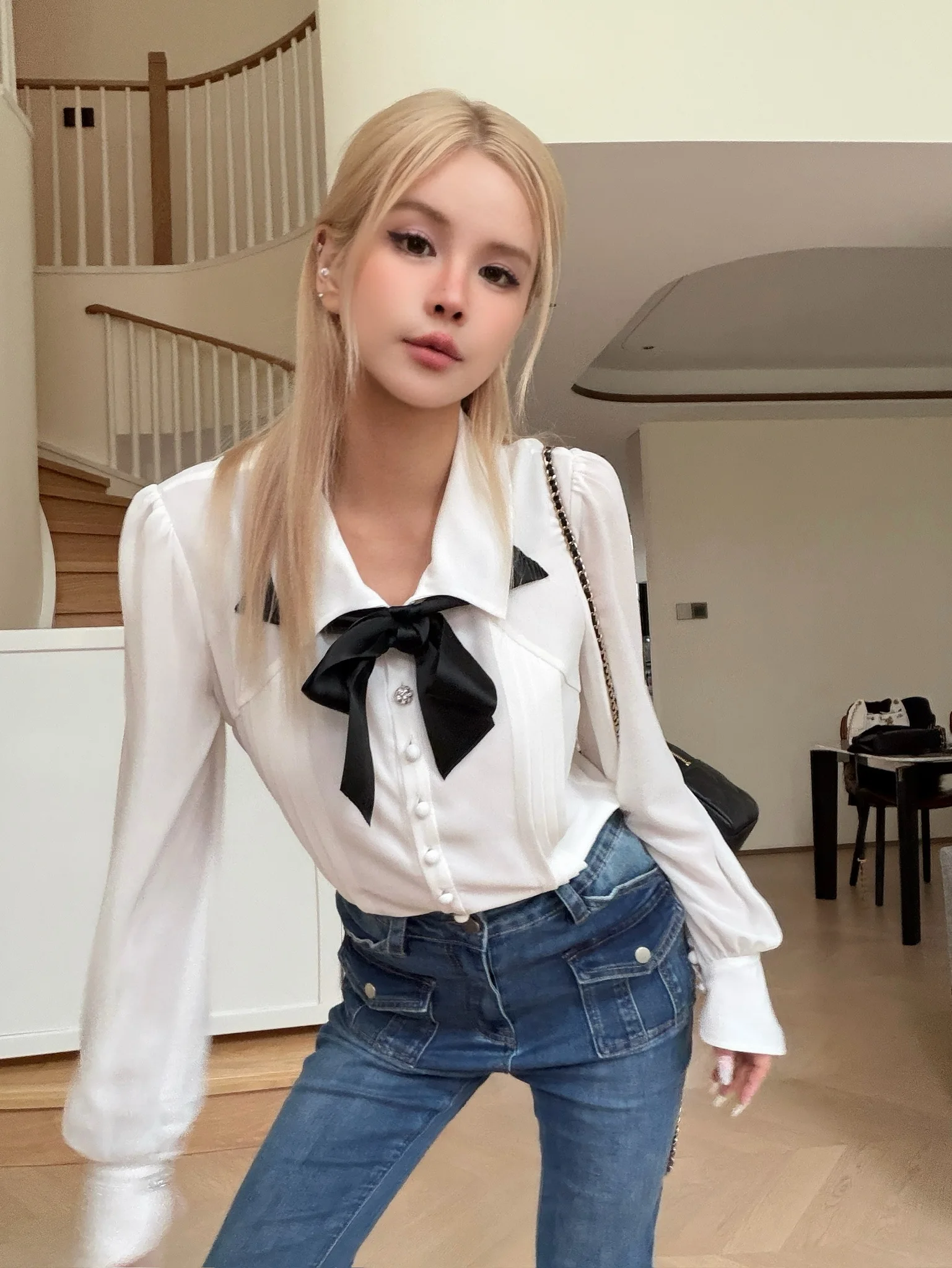 

MungsEra Retro Vintage Long Sve irt with Bowknot Silk Ribbon White Women's Faionable Polka Dot Print Polyester Fiber