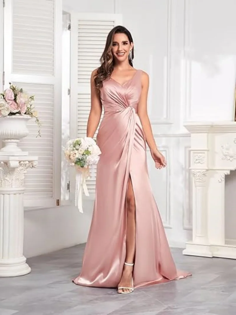 

V Neck Satin Prom Dresses for Wedding Pleated Long Slit Formal Evening Party Gown Bridesmaid Dress