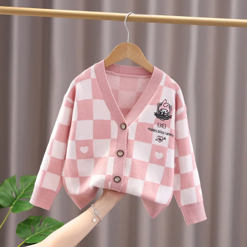 Sanrioed My Melody Cardigan xadrez para desenhos animados para crianças, suéter Kawaii Anime para crianças, tops soltos para meninas, casaco de malha bonito, roupas de outono e inverno