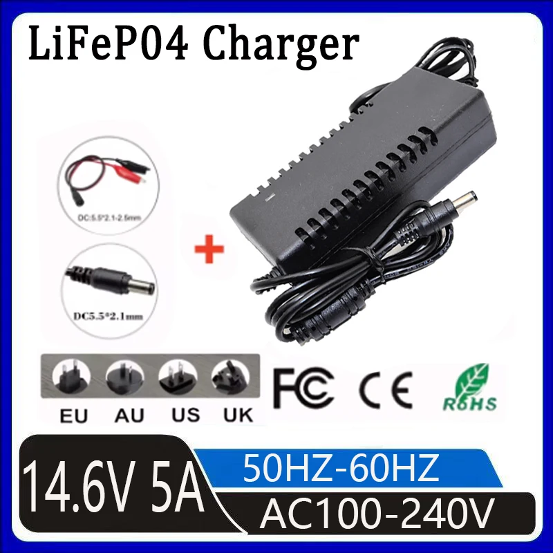 14.6V 5A LiFePO4 battery charger suitable for 12.8V Lifepo4 battery high-power charger Crocodile clip DC 5.5 * 2.1mm charger 4 s