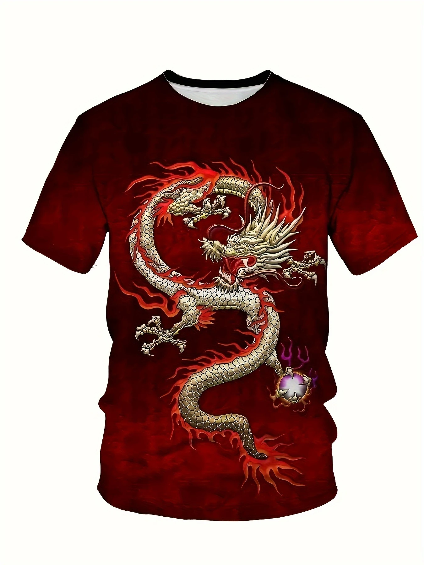 Spring Summer Men\'s Casual 3D Dragon Ethnic Graphic Printed Polyester Comfortable Round Neck Short Sleeve T-Shirt