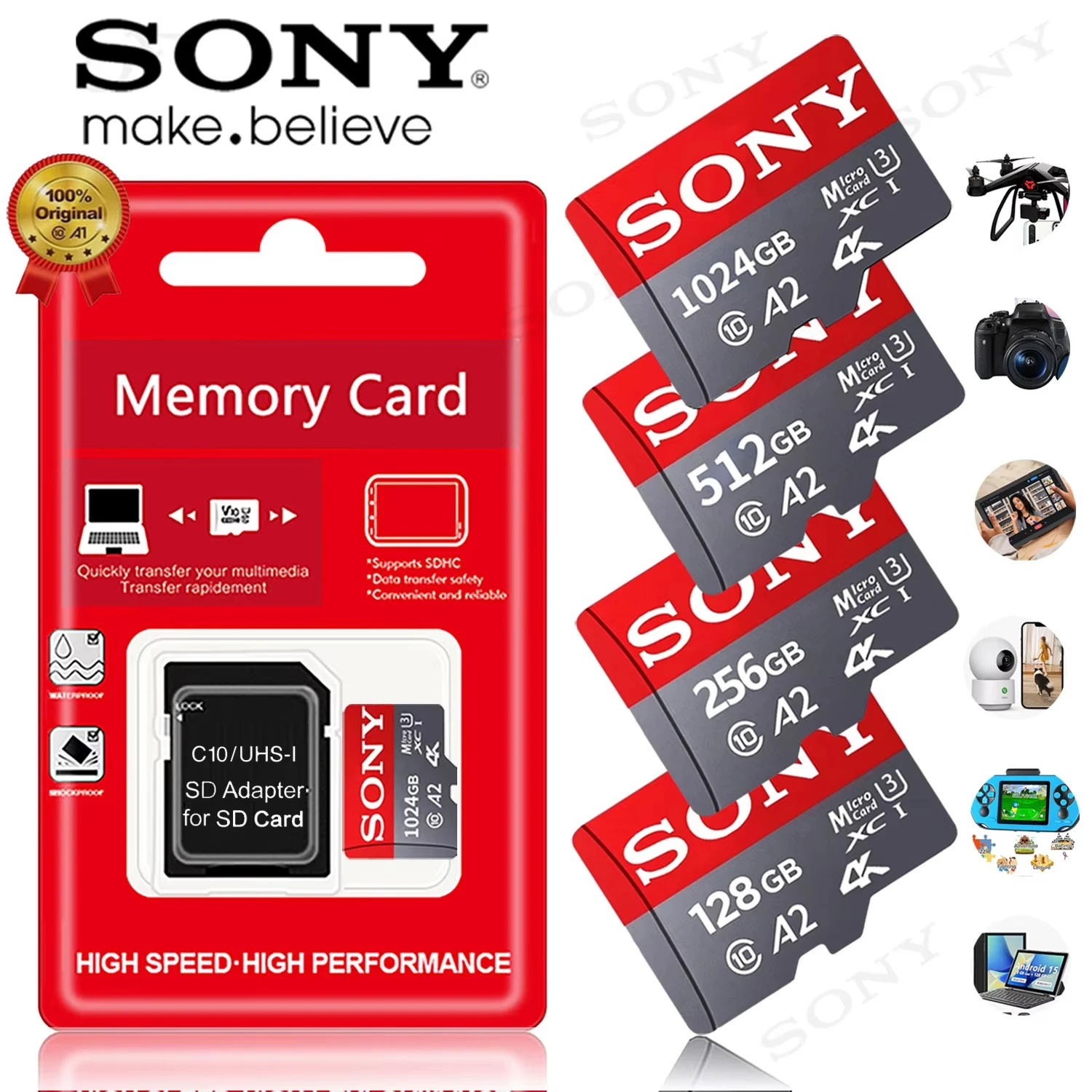 بطاقة Sony V60 عالية السرعة Micro SD (1 تيرابايت، 512 جيجابايت، 256 جيجابايت، 128 جيجابايت) متوافقة مع Kinect، Xbox 360، Xbox One، Xbox Games، Nintendo
