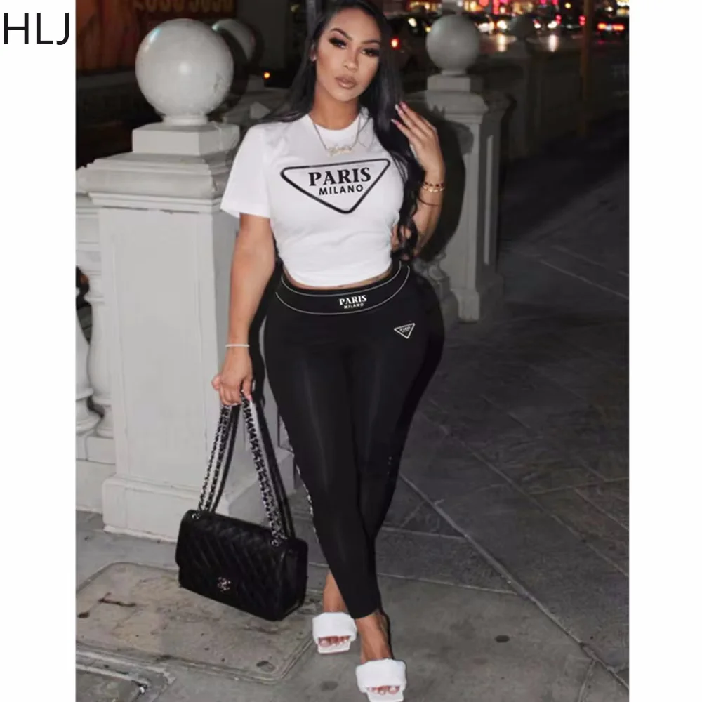 HLJ Fashion Streetwear Women Letter Print Short Sleeve Top And Skinny Pants Two Piece Sets Casual Matching 2pcs Outfits 2023 New