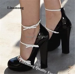 Linamong Elegant Black White Patent Leather Bowtie Chunky Heel Pumps Round Toe Ankle Straps Thick Heel Dress Shoes Party Heels