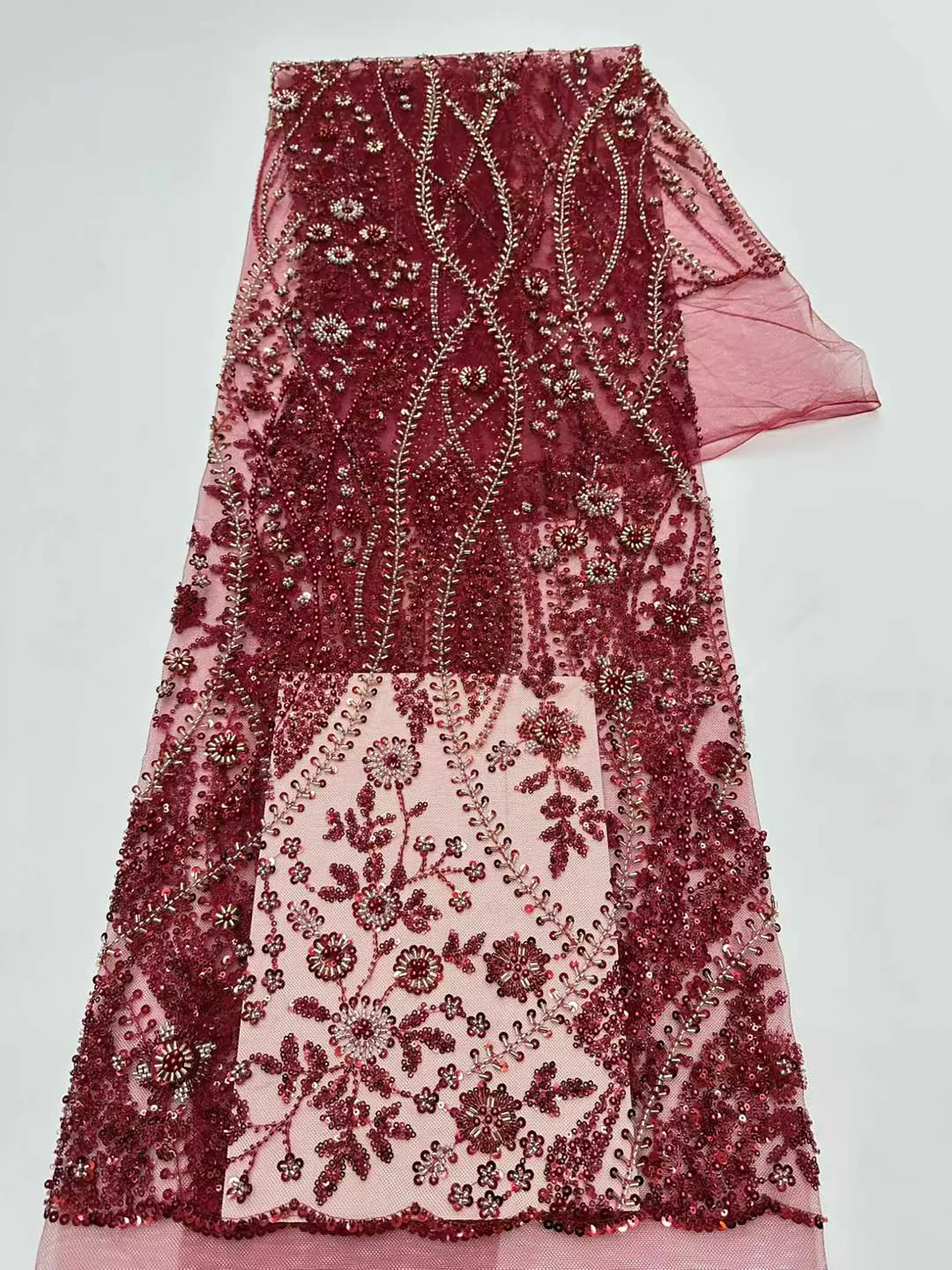 2026 Neues Design Afrikanischer Perlen-Spitzenstoff Hochwertige Französische Pailletten-Spitze Lila Nigerianischer Party-Hochzeitskleid-Stoff zum Nähen – Detail 19