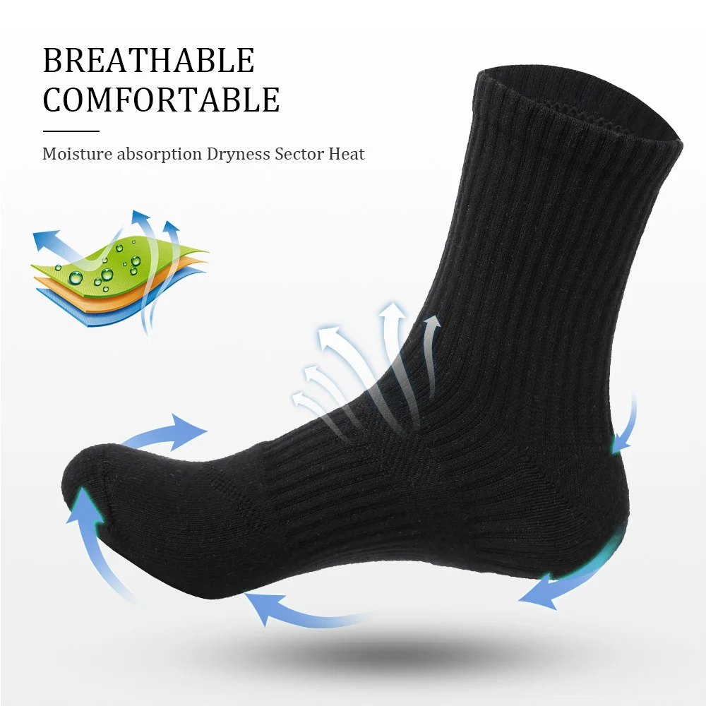 Mens Moisture Wicking Outdoor Hiking Work Cotton Socks Compression Cushion Crew Socks Leisure Men Black Socks 5 Pairs