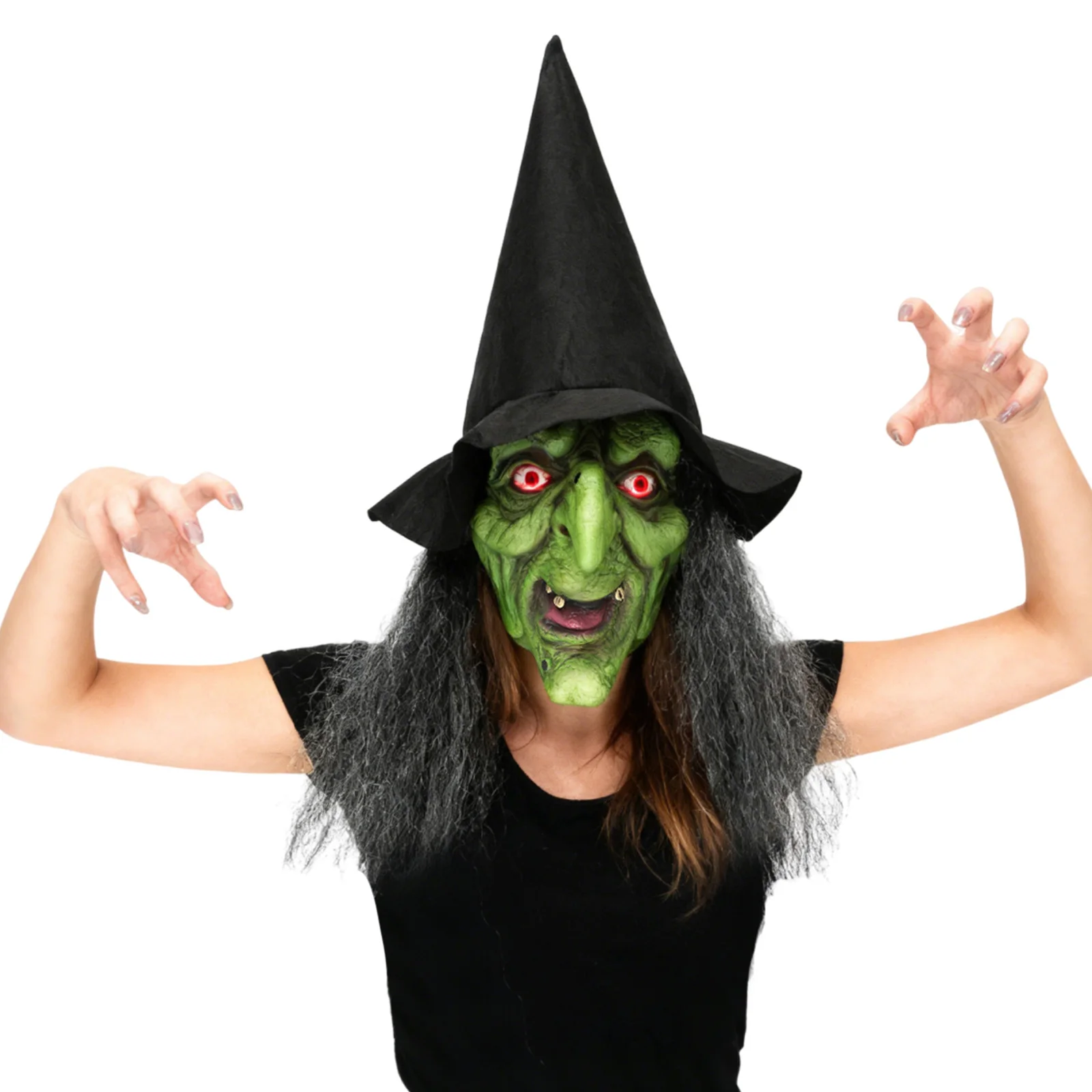 หน้ากากแม่มดโบราณสำหรับฮาโลวีน สีเขียวน่ากลัว หน้ากากแม่มดผู้แก่พร้อมผม หมวก แว่นตา เรืองแสง อุปกรณ์ประกอบคอสเพลย์ ชุดแม่มดสยองขวัญ แต่งหน้า