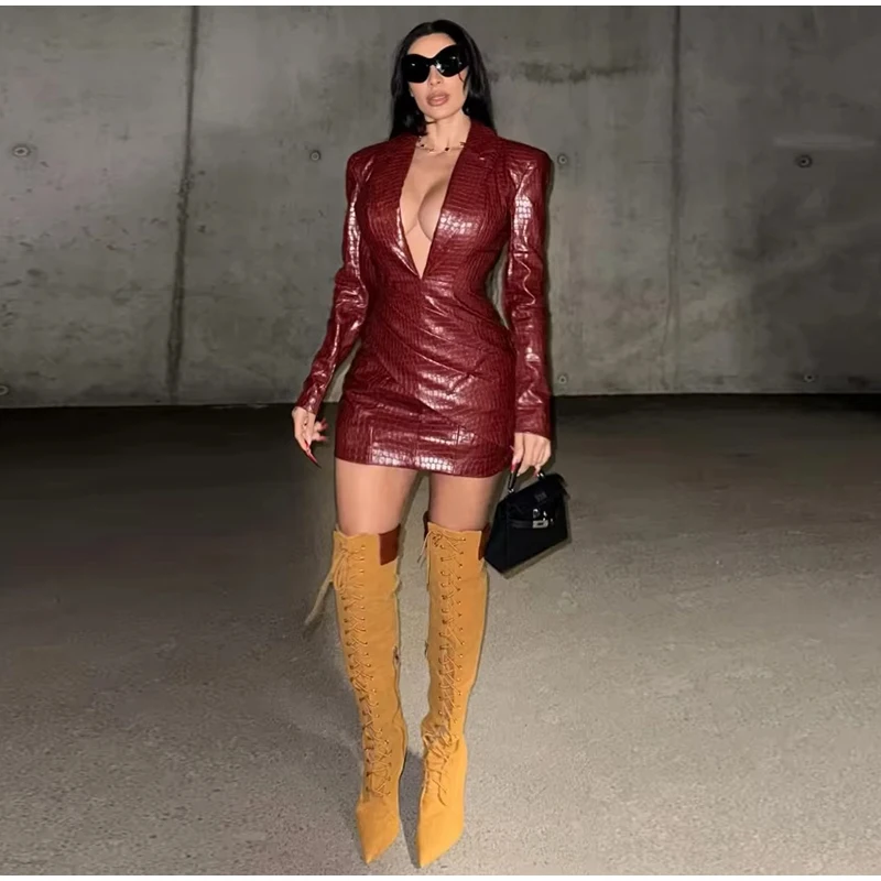 Sexy Burgundy Deep V Leather Mini Dress Women Lattice Shoulder Pads Long Sleeve High Waist Fold Dresses Lady Slim Short Robes