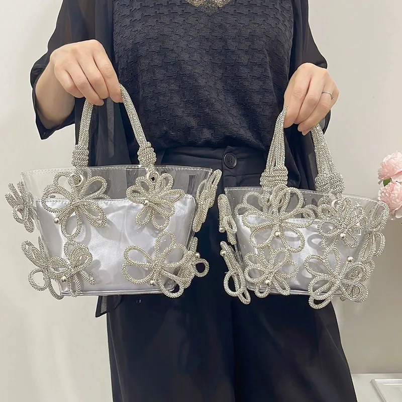 

2025 Luxury Diamond Flower Transparent Women Handbags PVC Clear Crystal Tote Bag Designer Rhinestone Bucket Bags Shoulder Bag