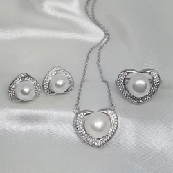 MeiBaPJ Real 925 Sterling Silver Heart Natural Purple Pearl Jewelry Set Pendant Earrings Ring Fine Wedding for Women
