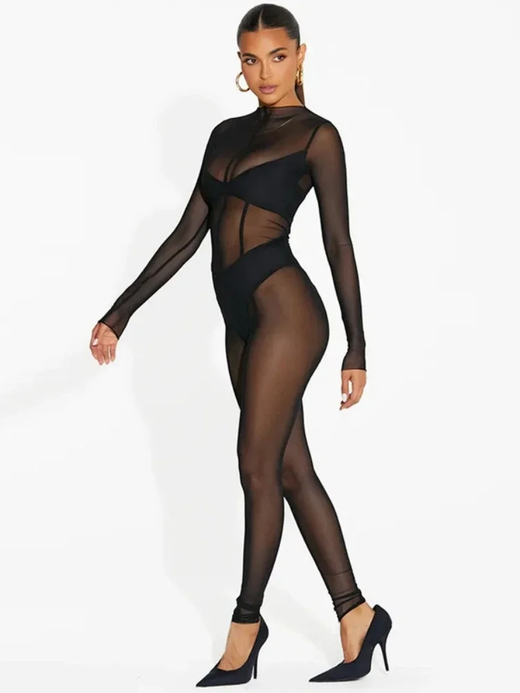 See Through Black Jumpsuit Long Sleeve Bodycon One Piece Outfit Women Sexy Combinaison Femme Mesh Patchwork Enterizos Para Mujer