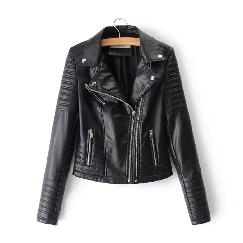 

Women's European American Style Lapel Zipper Short Slim Leather Coat Spring Autumn Fashion Top New