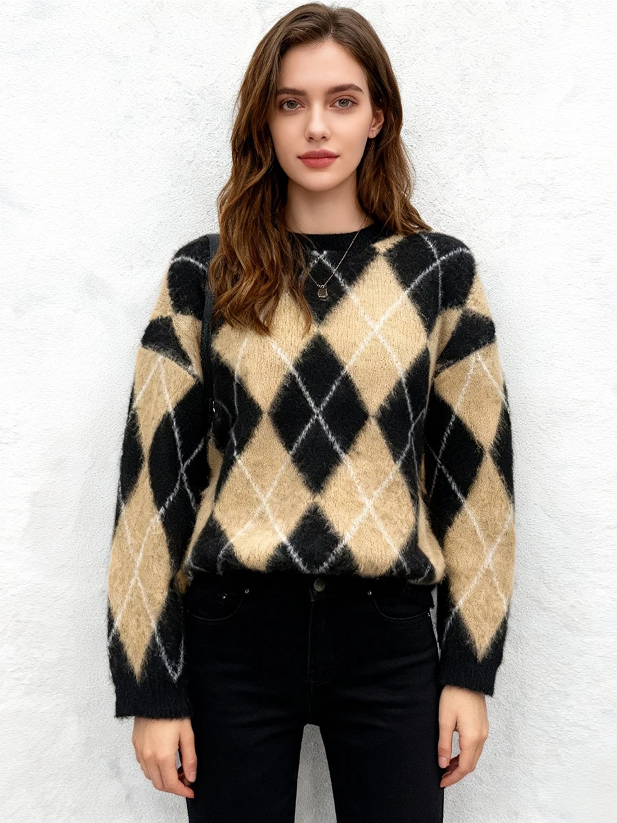 

Lazy Style Women's Plaid Pullover Sweater New in Autumn Winter Knitwears Basic Bottom Knitted Jumpers Female Round Neck Sweater