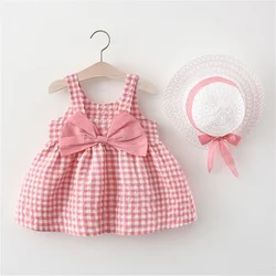 Summer 0-3-year-old children's clothing set+2 hats/set baby girl plaid sweet bow birthday party dress toddler clothing