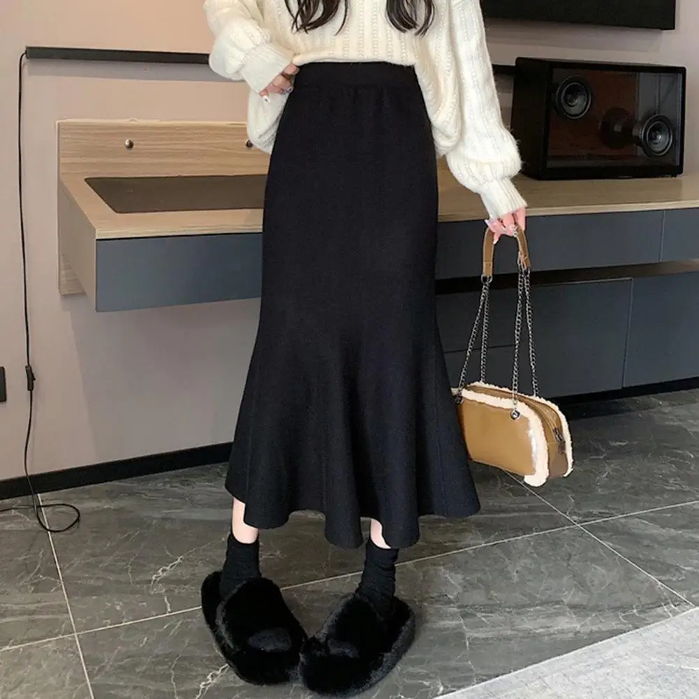 2026 Women Fishtail Skirt High Waist Hip Wrapped Midi Skirt Solid Color Autumn Winter Knitting A-Line Skirt