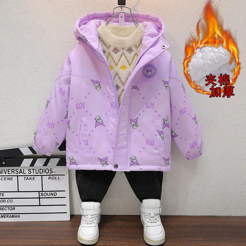 

Kawaii Kuromi Children Outdoor Jacket Anime Sanrio Girls Fashion Print Thicken Hooded Jacket Warm Windproof Cotton-Padded Jacket