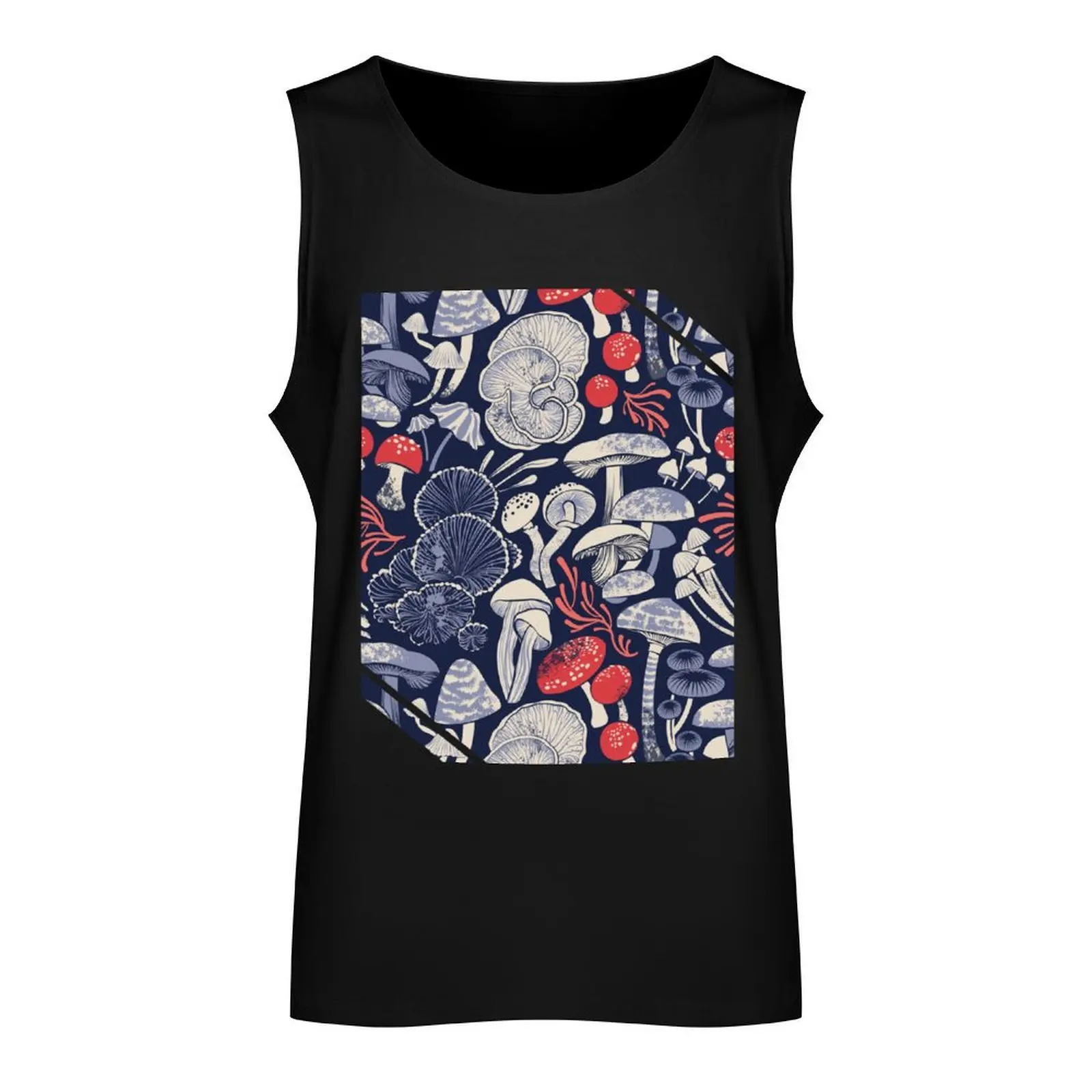 Mystical fungi // midnight blue background ivory pale blue coral and red wild mushrooms Tank Top Vest Clothing Sports clothing