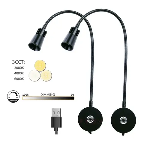 2pcs 5V USB Bedside Wall Reading Lamp Sconces 3CCT Touch Dimming Longer 15" Gooseneck Read Working Study 3W LED Book Lights