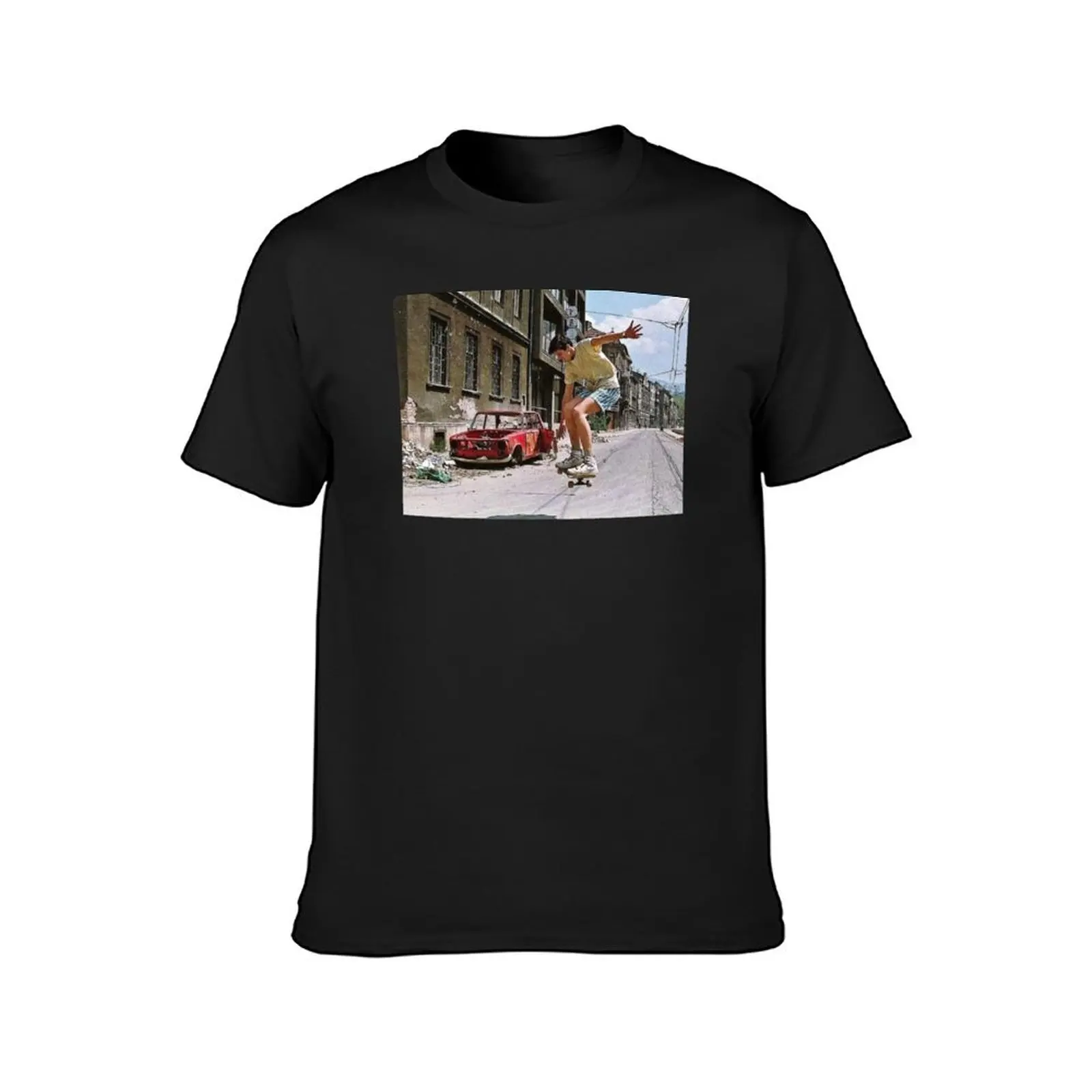 Skateboarding during siege of Sarajevo T-Shirt oversized anime hippie clothes mens white t shirts