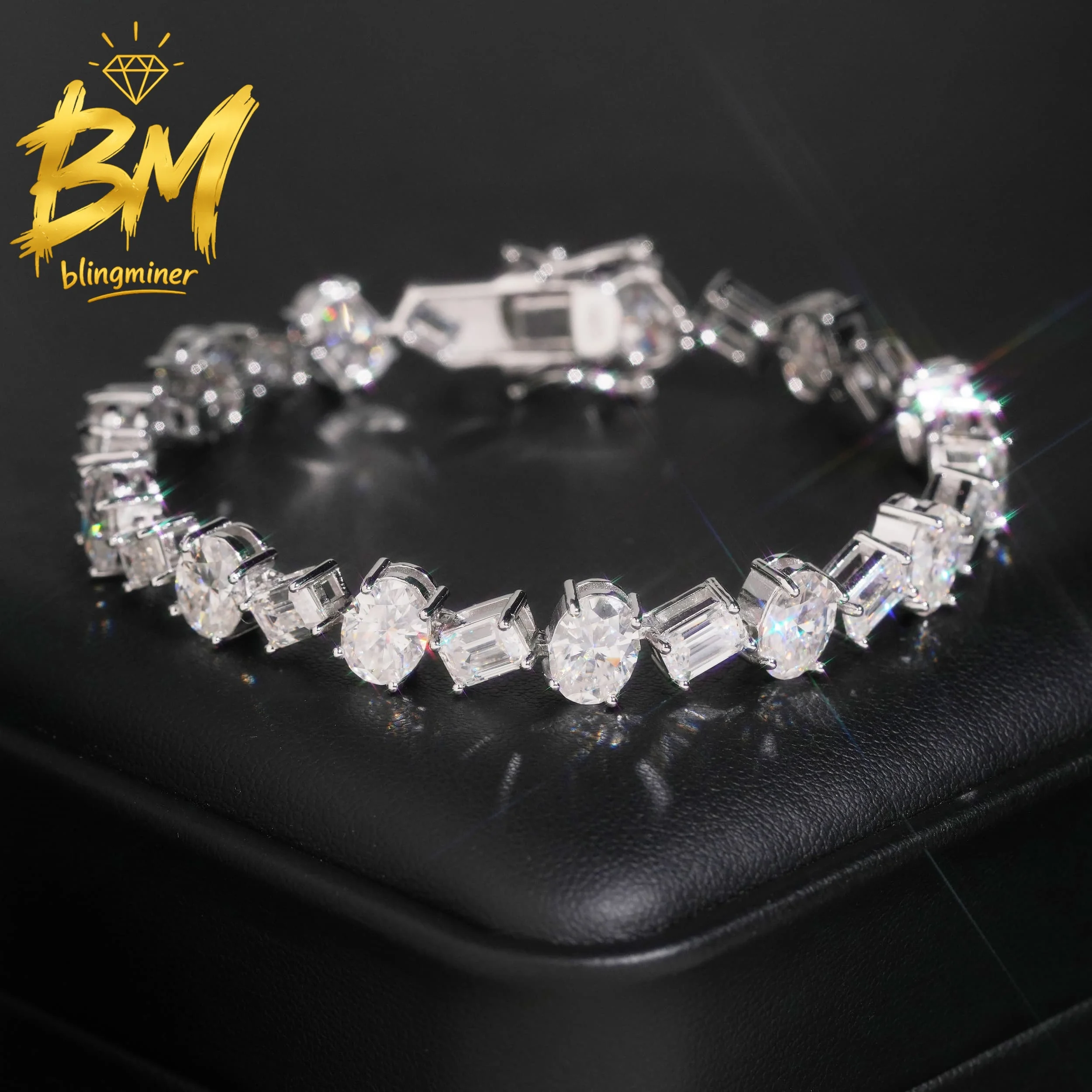Blingminer Fancy Cut Moissanite Tennis Chain Bracelet For Men Women S925 Silver Jewelry Pass Diamonds Tester GRA Free Shipping