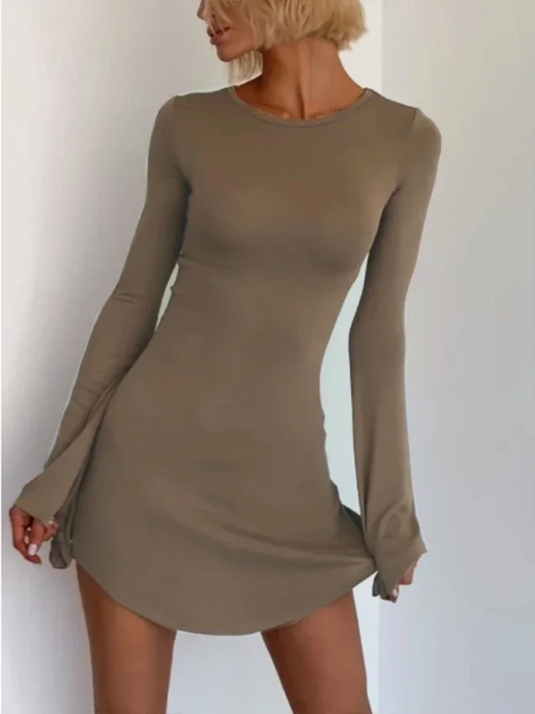 

Women Khaki Solid Color Dress Trumpet Long Sleeve O-Neck Slim Asymmetrical Sexy Simple Streetwear Female Autumn Buttocks Dresses