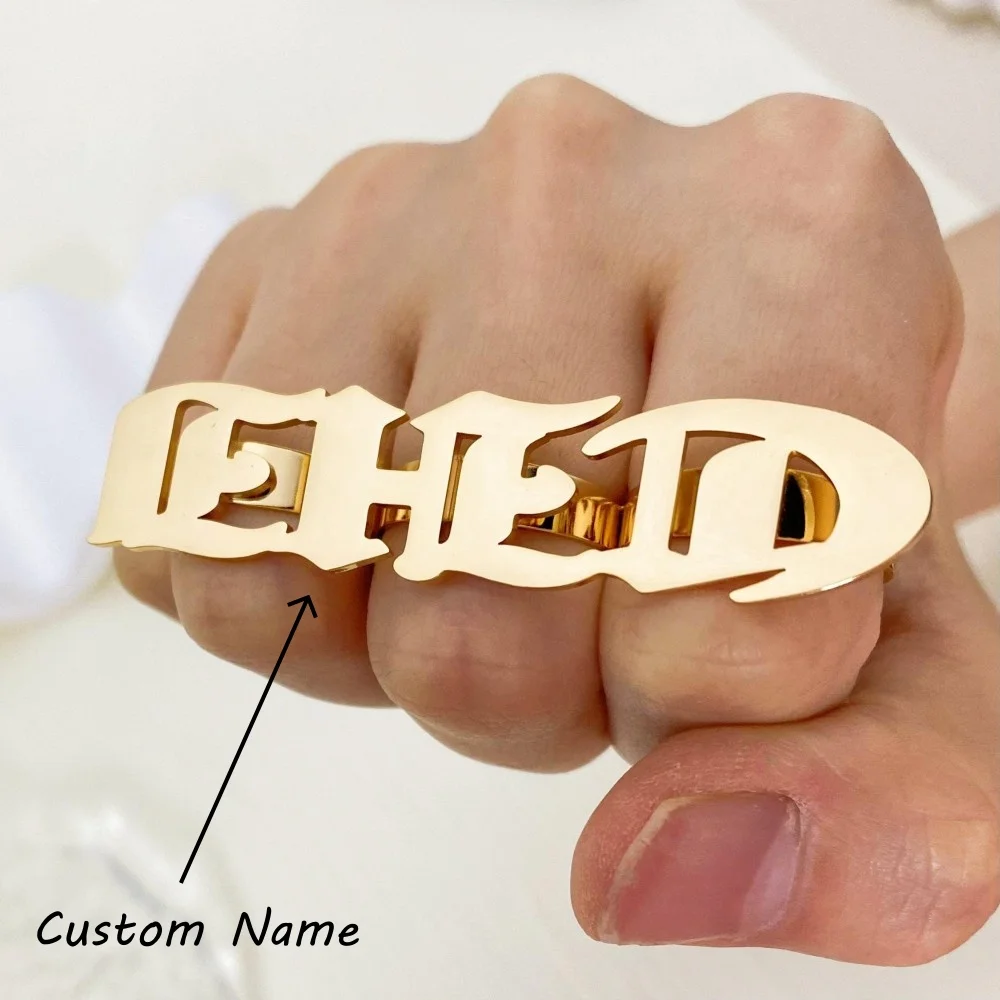 

Custom 3 Finger Ring Name Ring Personalized 18K Gold Plated Stainless Steel Knuckle Ring Hip Pop Handmade Jewelry Gifts for Men
