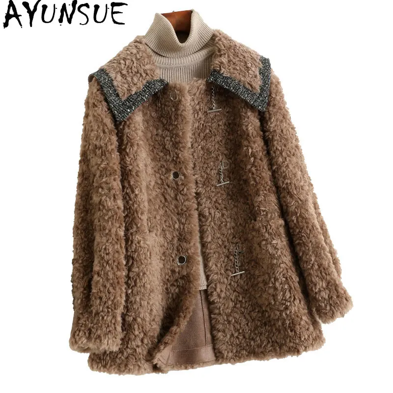 AYUNAUE – manteau de fourrure en laine véritable pour femme, vêtement d'hiver, mode coréenne, col rabattu, crochet, manteaux de fourrure, Abrigos Mujer Zm