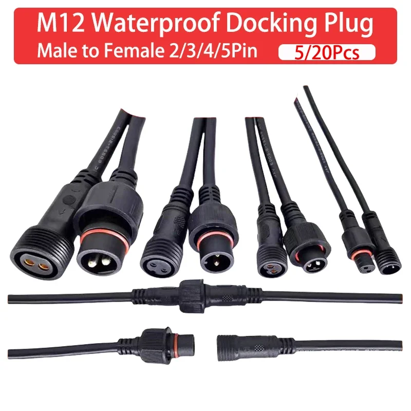 

5/20Pcs M12 Waterproof 2 3 4 5Pin IP65 Cable Wire Plug for LED Strips Male and Female Jack 20cm Length Connector Small Size Head