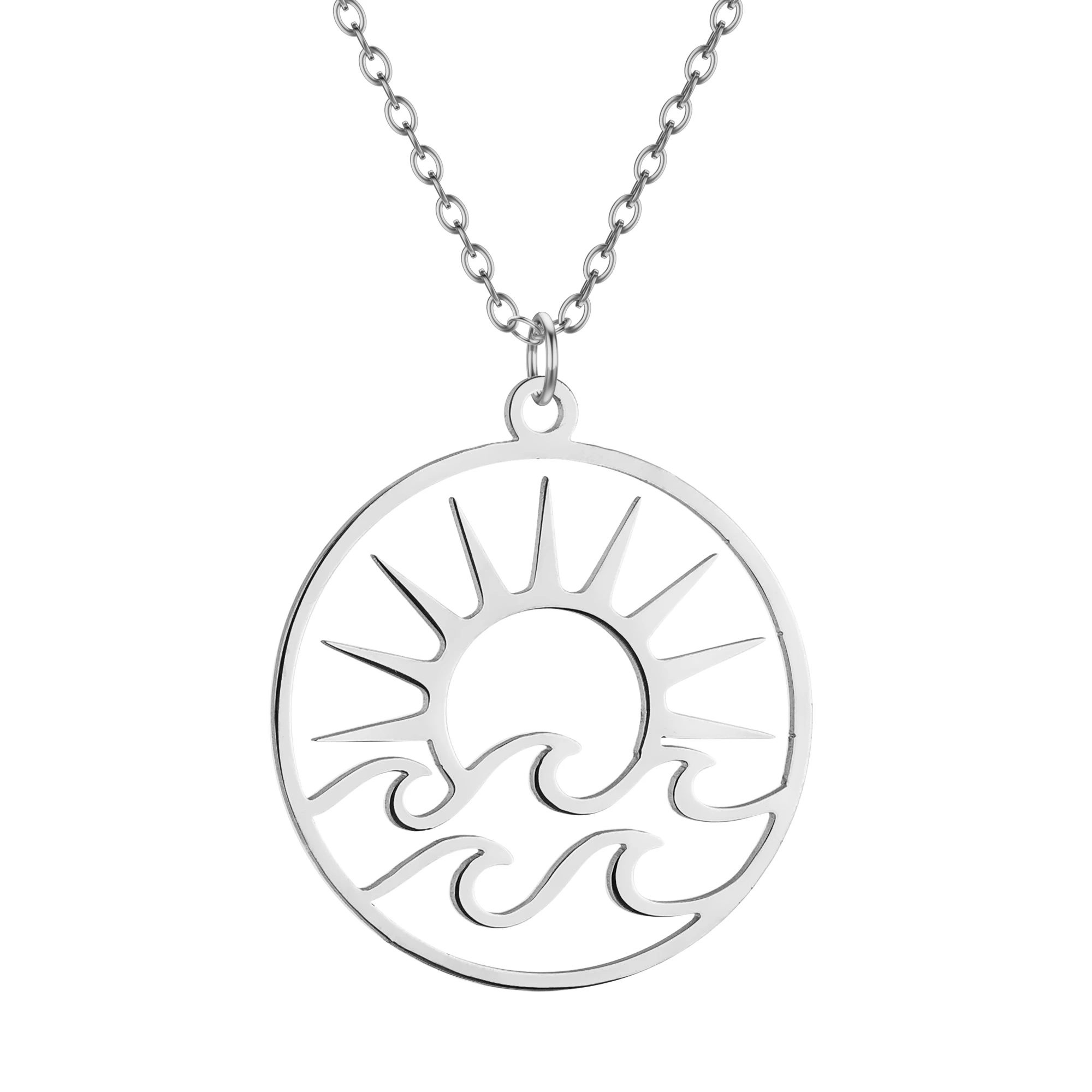 Kinitial Exquisite Fashion Earrings Openwork Sun Pendant with Waves Openwork Sun and Waves Necklace Birthday Gift for Lovers
