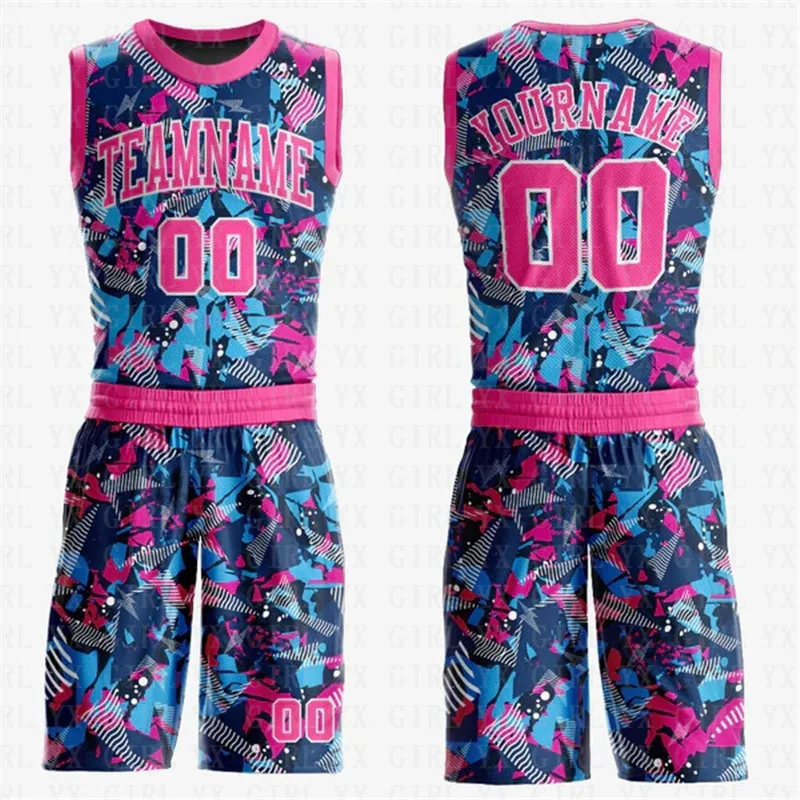 Figura personalizada rosa-luz azul em torno do pescoço Sublimação Basketball Suit Jersey 3D impresso Tank Tops e Shorts Personlized Team