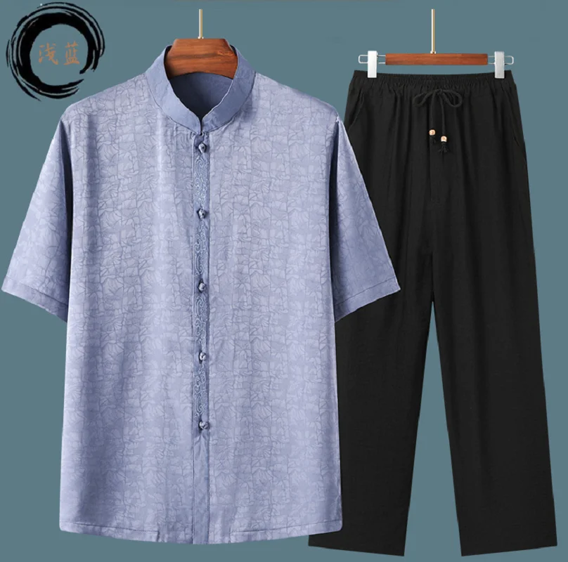 

Hot Sale New Chinese Style Men's Tang Suits Satin Short Sleeve Coat Summer Casual Clothing T Shirts Pants Sets Size M-3XL