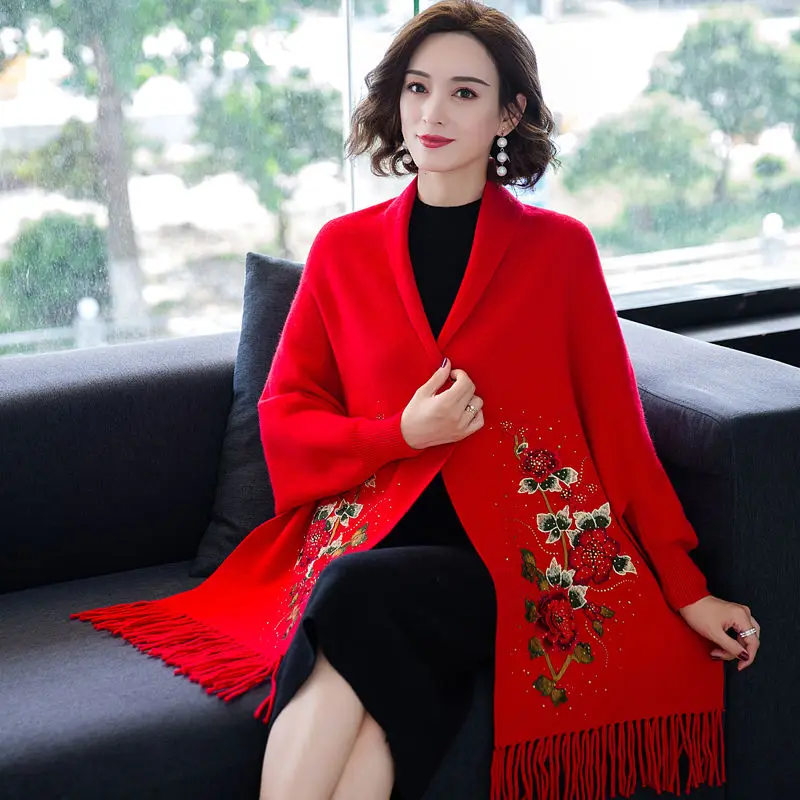 Poncho female spring and autumn ladies casual shawl coat mid-length cape cloak cashmere scarf cardigan full sleeve coat tops