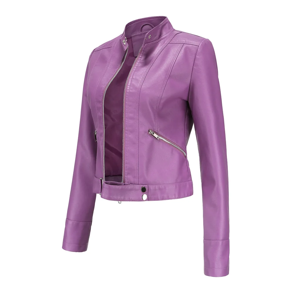 Chaqueta corta de cuero con cremallera para mujer, chaqueta de motocicleta con cuello de pie, color negro, primavera y otoño