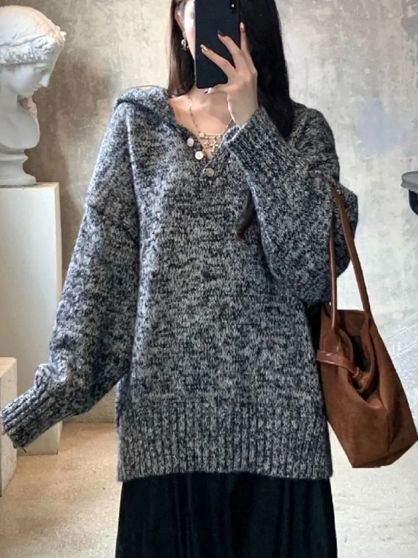 

Korean Sle Lazy Soft Cozy Women's Knitted Sweater Jaet Loose Slimming Hooded Top Casual Loose Fit Autumn Winter New Arrival